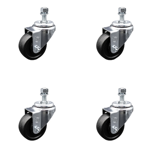 3.5 Inch SS Soft Rubber Wheel Swivel 10mm Threaded Stem Caster Set SCC